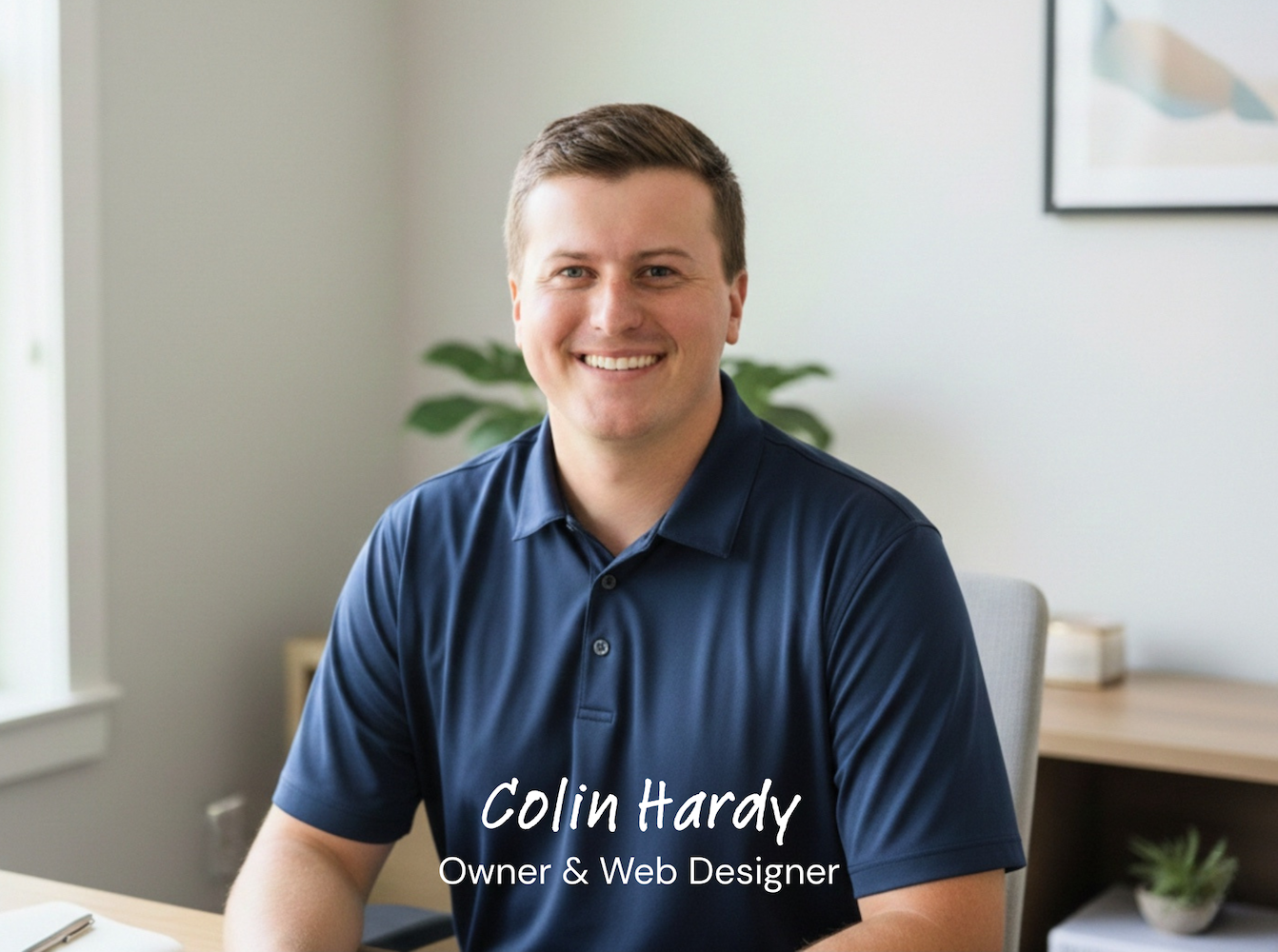A smiling man in a navy polo shirt seated at a desk in an office, with a plant and framed art on the wall behind him. The text on the image reads 'Colin Hardy' and 'Owner & Web Designer.'