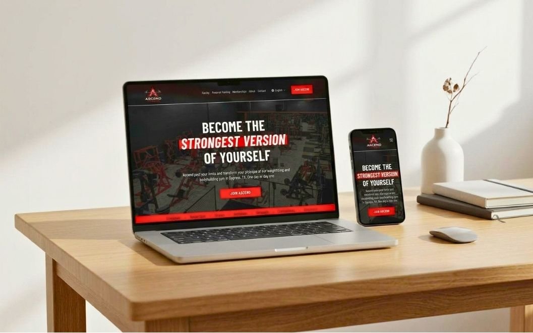 Laptop and smartphone displaying the same fitness website with the message "Become the strongest version of yourself" on a wooden desk.