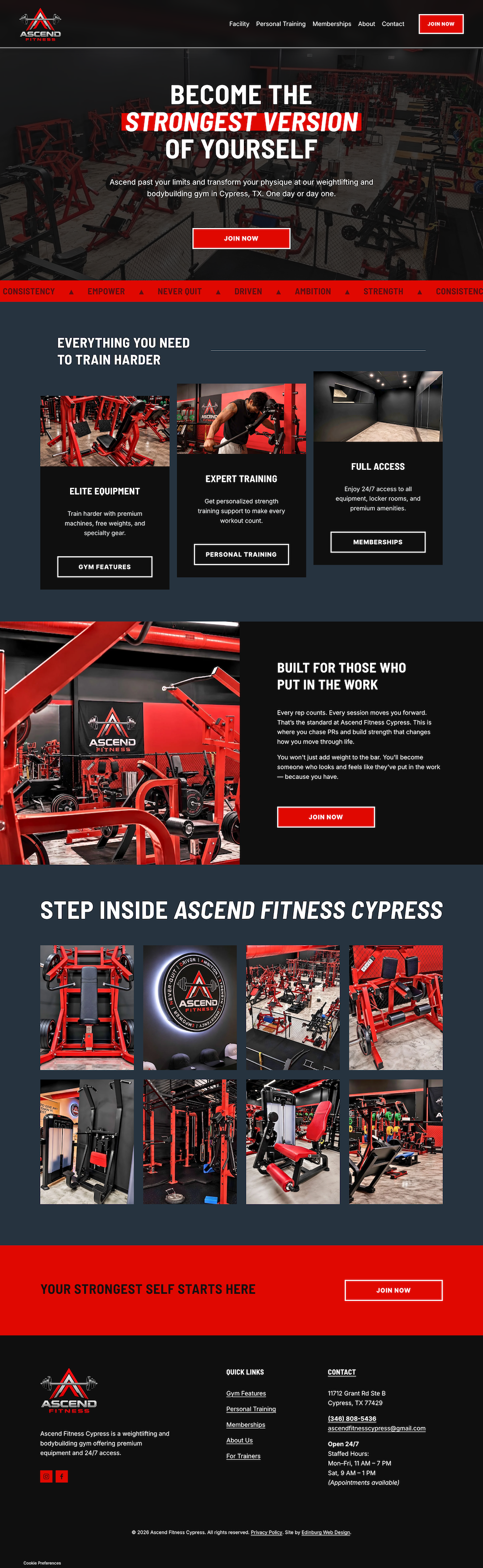 Screenshot of the Ascend Fitness Cypress website homepage, featuring equipment, training, and membership sections, and a "Join Now" button.
