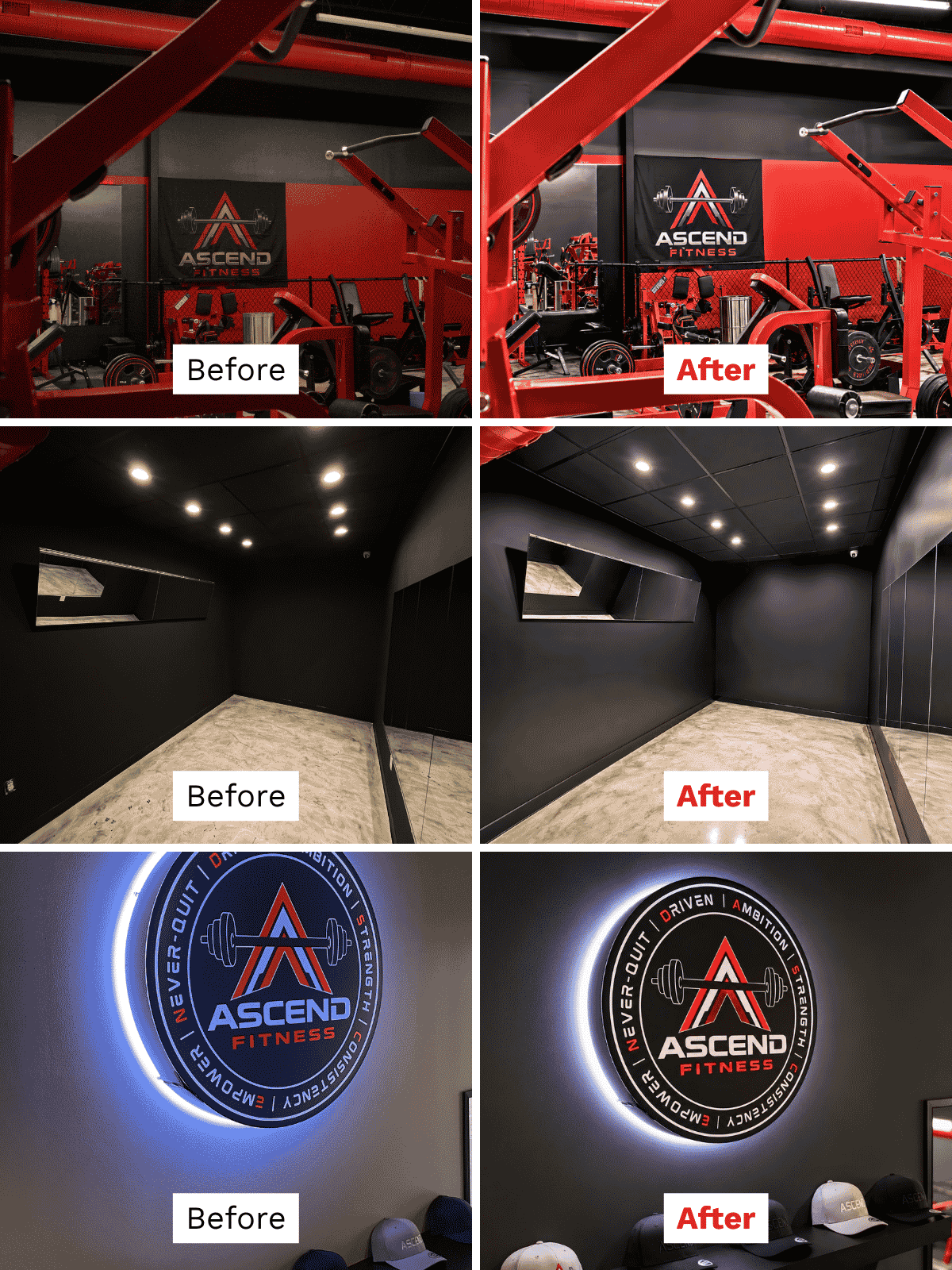 Three before-and-after comparisons of gym photos enhanced for the Ascend Fitness Cypress website, showing improved lighting and clarity across the training area, a posing room, and an illuminated gym logo sign.