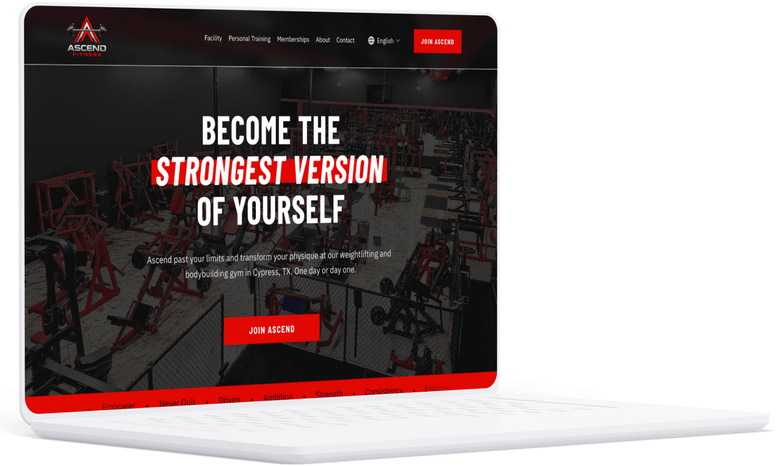 Laptop mockup of the Ascend Fitness Cypress website homepage, showing the gym interior in a red and black color scheme with a "Join Ascend" button.