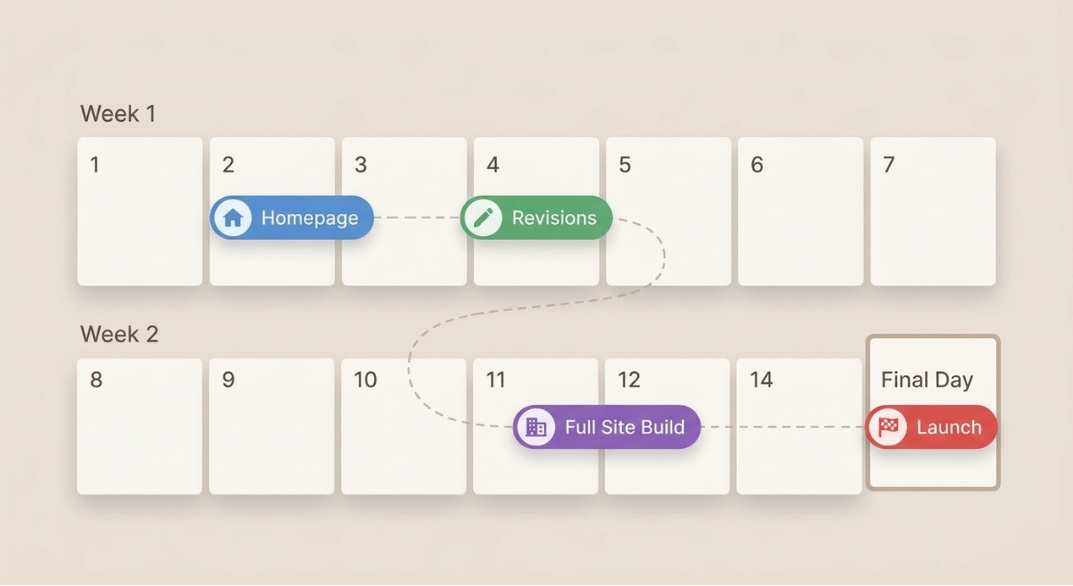 Project timeline with tasks marked on a calendar. Week 1: 'Homepage' on February 2, 'Revisions' on February 4. Week 2: 'Full Site Build' on February 12, 'Launch' on February 14.
