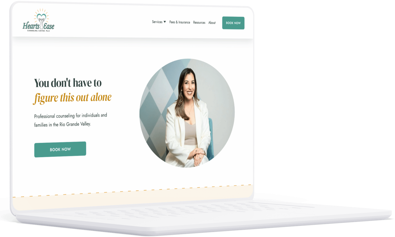 Laptop mockup of the Heartsease Counseling Center website homepage, featuring a photo of the counselor and the headline "You don't have to figure this out alone," with a "Book Now" button.