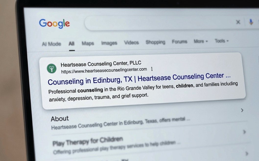 Screen displaying Google search results for Heartsease Counseling Center in Edinburg, Texas with a highlighted link to the counseling center's website.