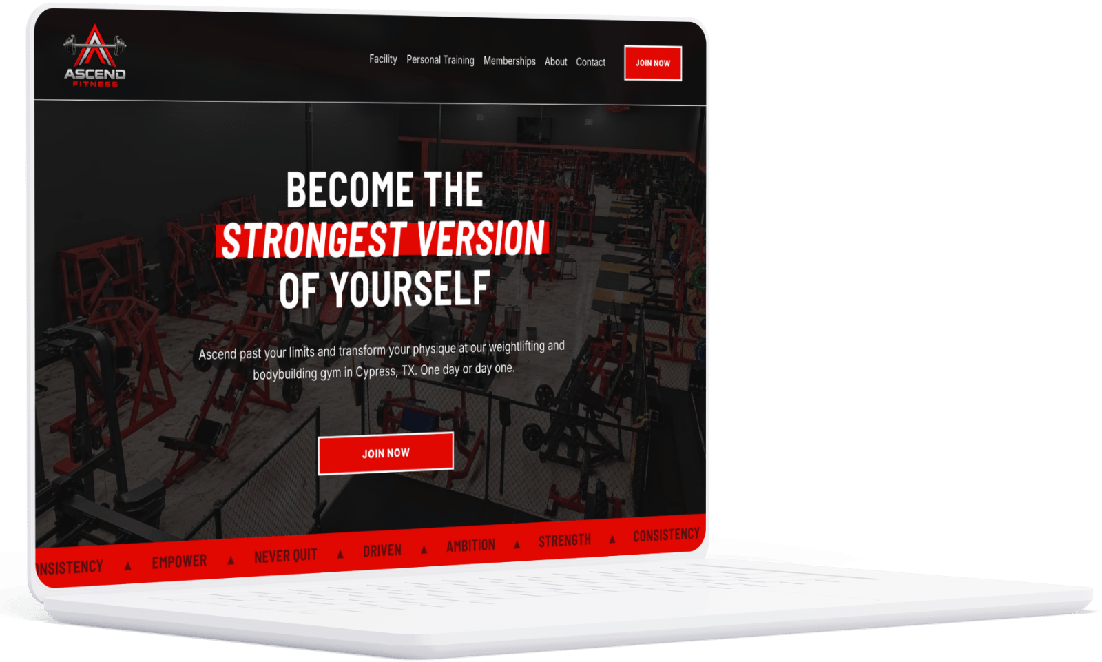 Laptop mockup of the Ascend Fitness Cypress website homepage, showing the gym interior in a red and black color scheme with a "Join Now" button.