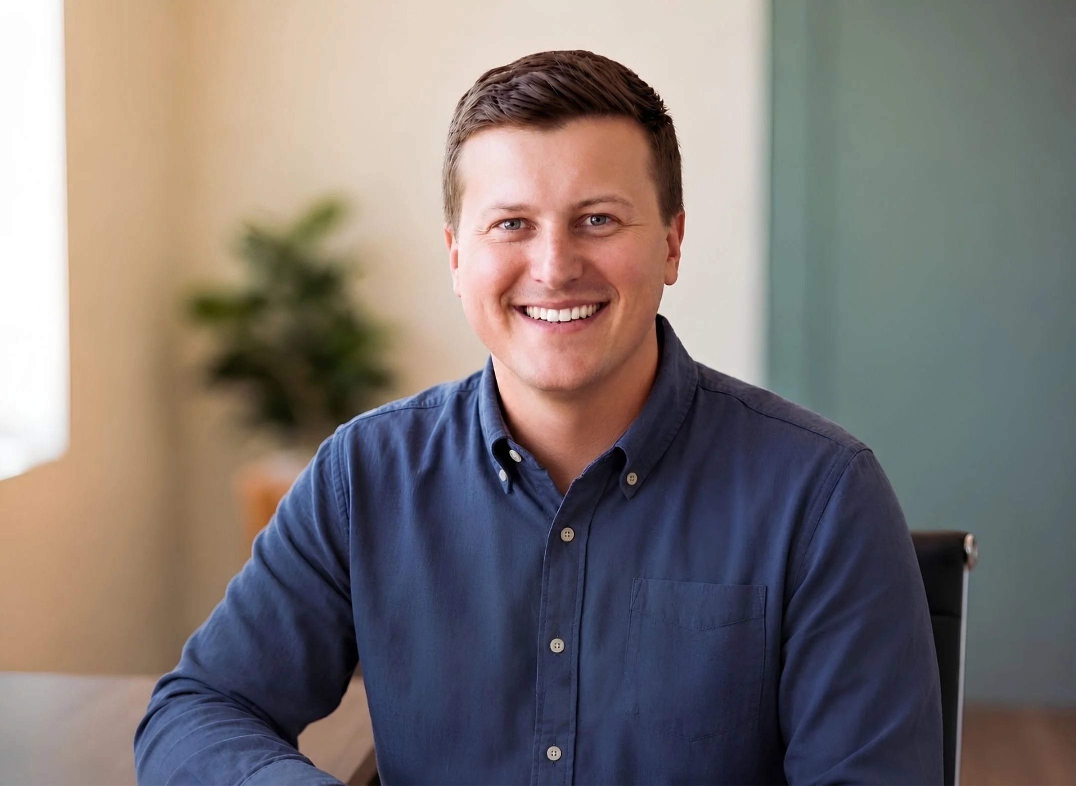 A smiling man with short brown hair, wearing a dark blue button-up shirt, sitting at a table in a room with light-colored walls and a blurred green plant in the background.