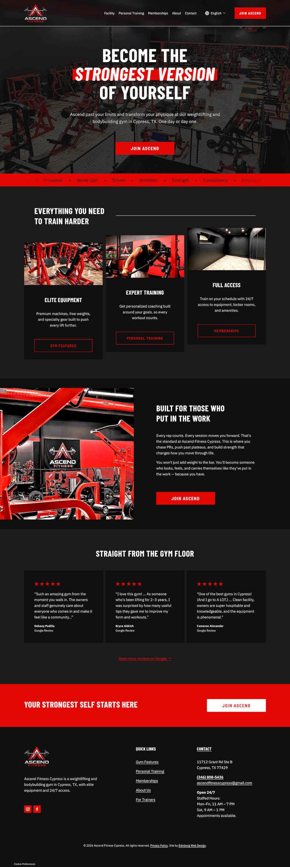 Screenshot of the Ascend Fitness Cypress website homepage, featuring equipment, training, and membership sections, and a "Join Ascend" button.
