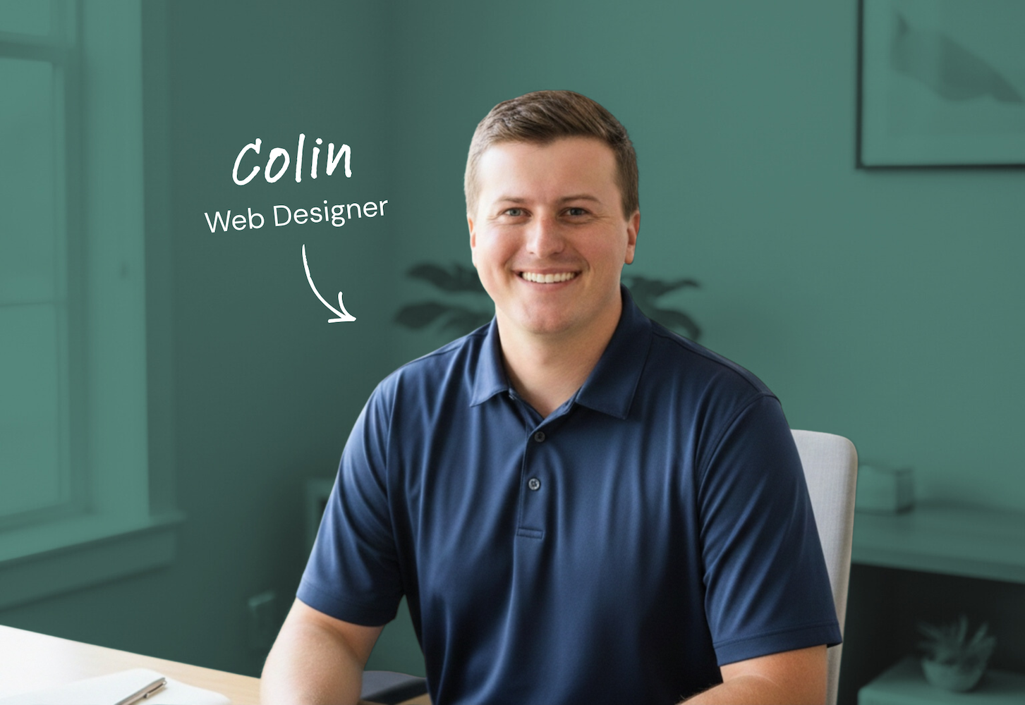 Portrait of a young man smiling, wearing a dark blue polo shirt, sitting at a desk in an office with green walls, with handwritten-style text identifying him as Colín, a web designer.