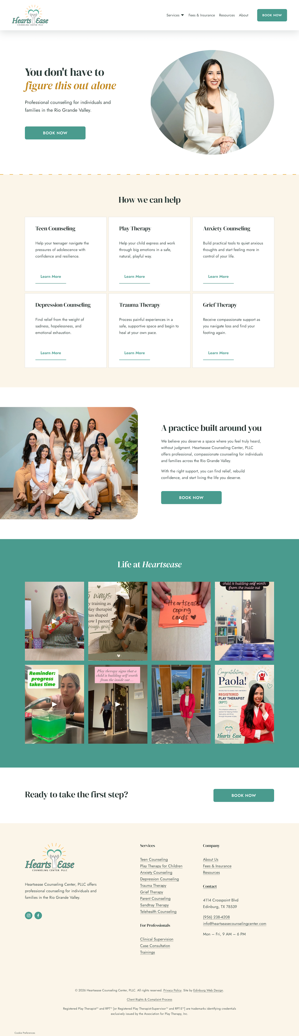 Screenshot of the Heartsease Counseling Center website homepage, featuring counseling services and a "Book Now" button.