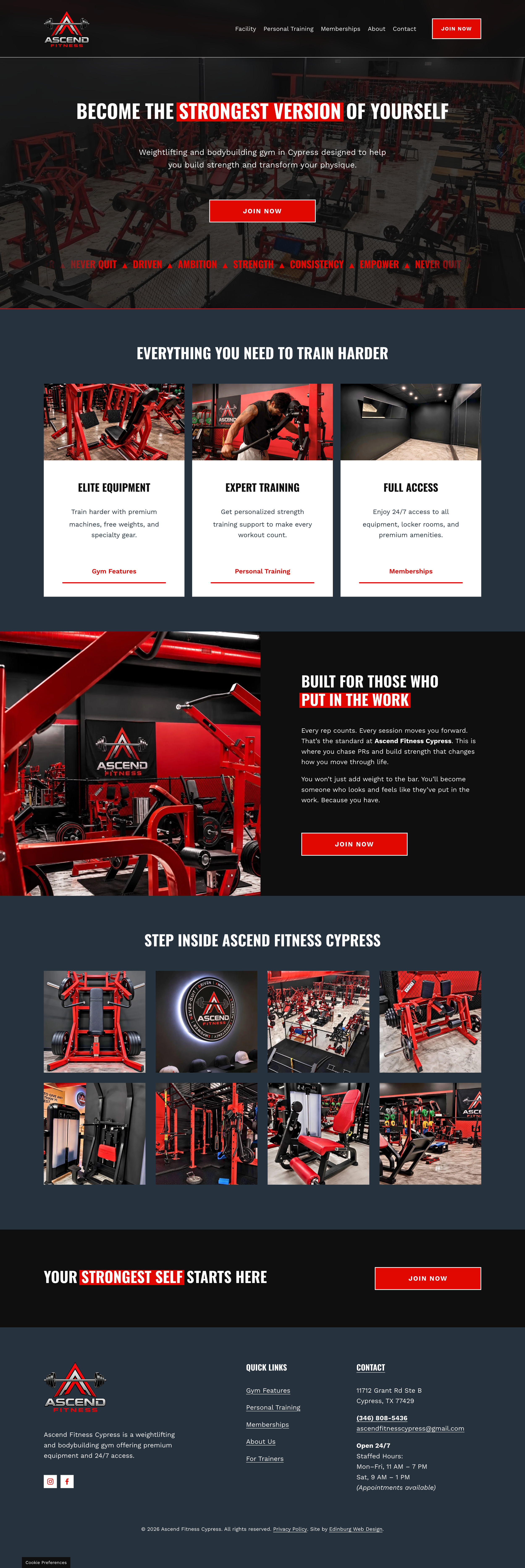 Screenshot of the Ascend Fitness Cypress homepage, featuring a bold black-and-red design with gym equipment imagery, a 'Become the strongest version of yourself' headline, and sections highlighting gym features, training, and membership access.