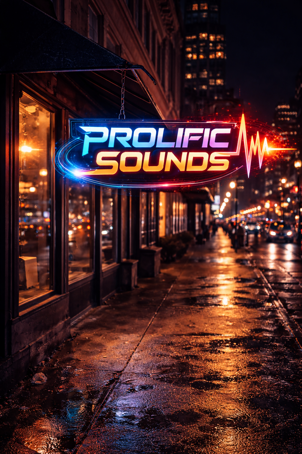 A neon sign for 'Prolific Sounds' hangs outside a storefront on a wet city street at night, with reflections on the pavement and blurred city lights in the background.