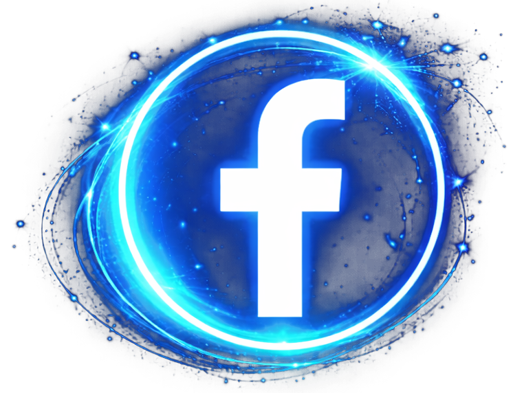 Facebook logo surrounded by a glowing blue circular design with sparkles on a black background.
