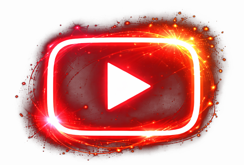 YouTube play button icon illuminated with red and orange spark effects on black background.