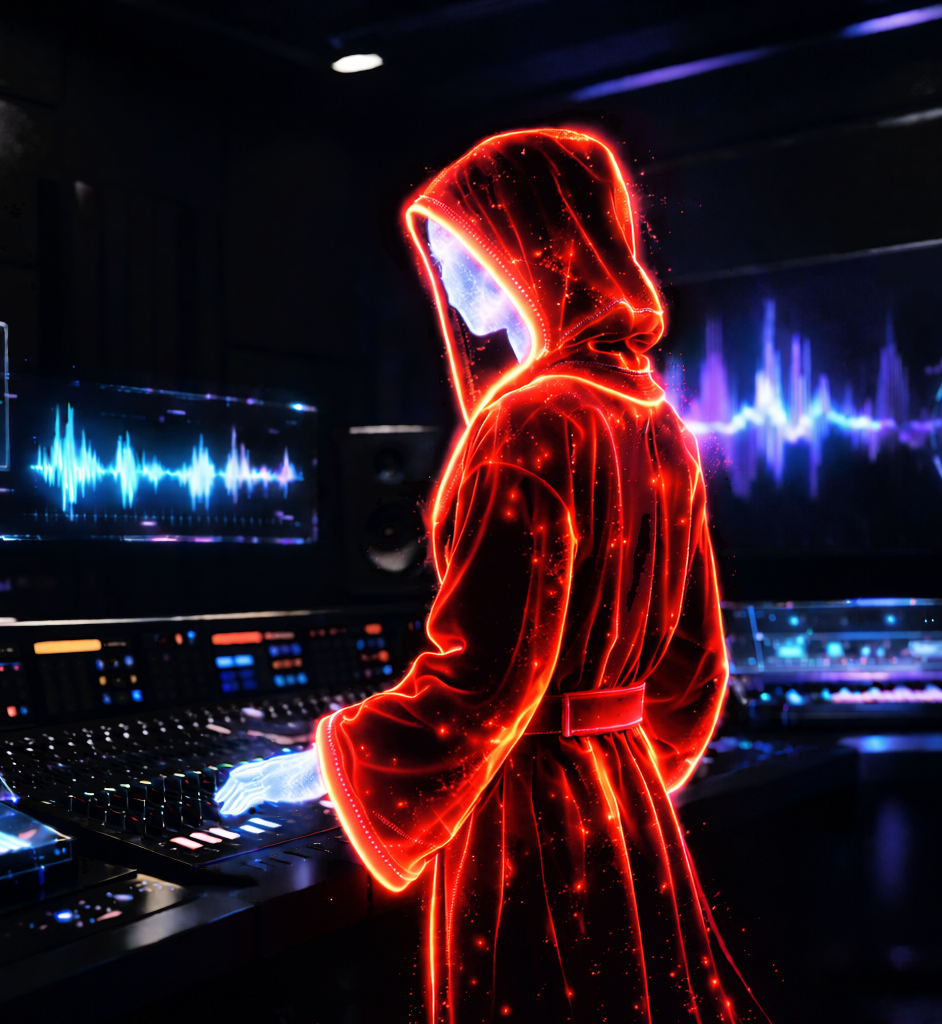 A person wearing a glowing neon red hooded cloak operating music production equipment in a dark studio with digital sound waves displayed on screens.