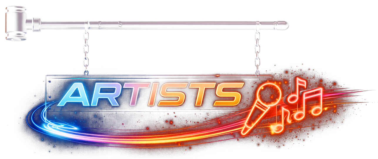 Neon sign reading "ARTISTS" with a microphone and musical notes icon, glowing in blue and orange colors.