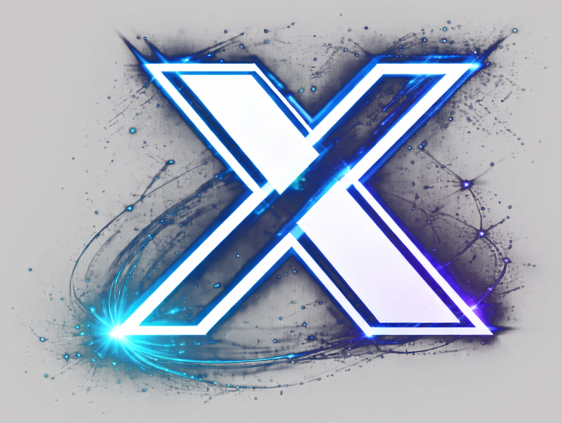 Bright blue neon 'X' with glowing effects and digital starry background.