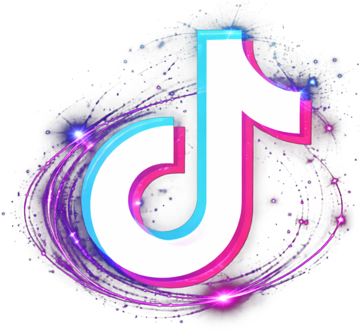 TikTok logo with neon pink, blue, and purple glow and swirling light effects on black background.