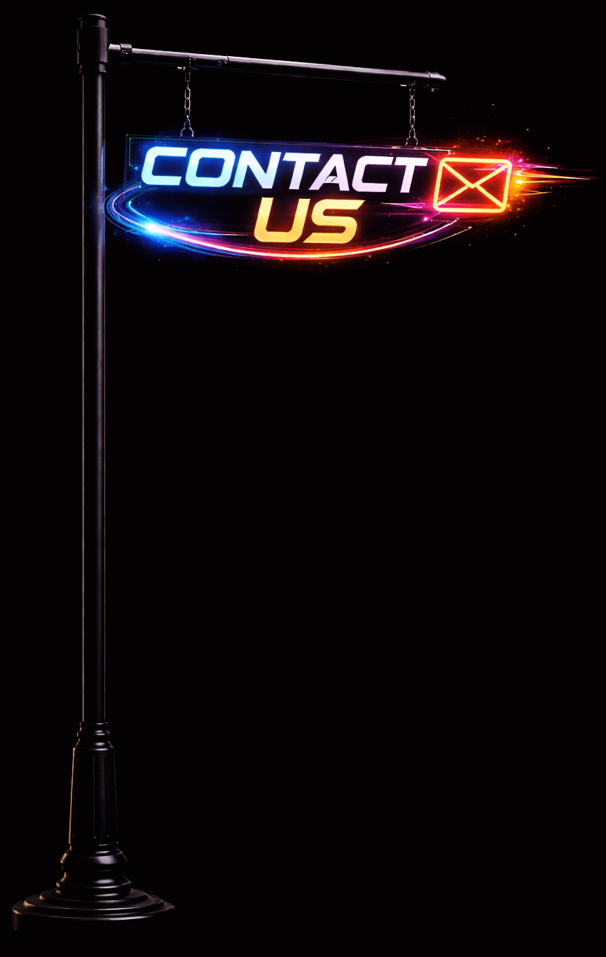 Neon sign on a black background reads 'Contact Us' with an envelope icon, hanging from a street lamp pole.