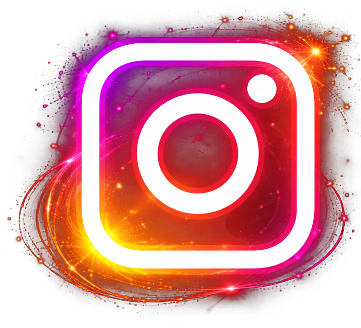 Instagram logo surrounded by colorful light streaks on a dark background.