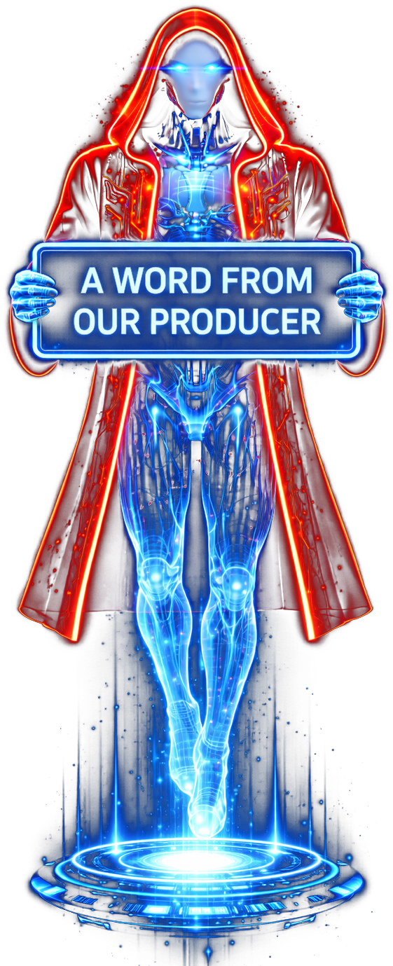 A futuristic cyborg humanoid figure with glowing blue and red lights, holding a neon sign that reads "A WORD FROM OUR PRODUCER."