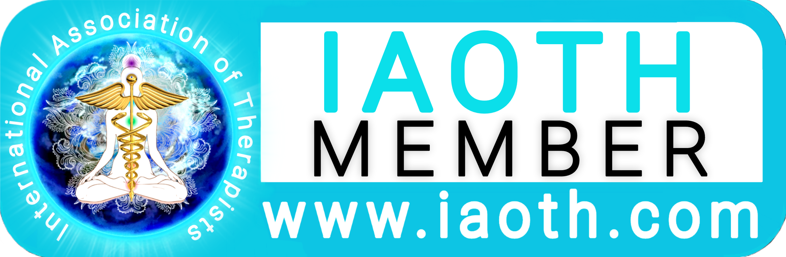 A website badge for the International Association of Traditional Oriental Medicine (IAOTM); features a central symbol of a caduceus, a meditating figure, and a background of blue and white decorative elements; includes the website link www.iaoth.com.