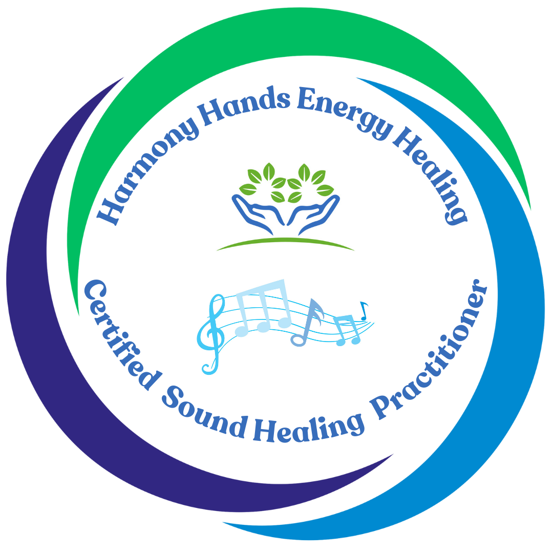 Logo for Harmony Hands Energy Healing, Certifies Sound Healing Practitioner, featuring a pair of hands holding green leaves at the top and musical notes at the bottom.