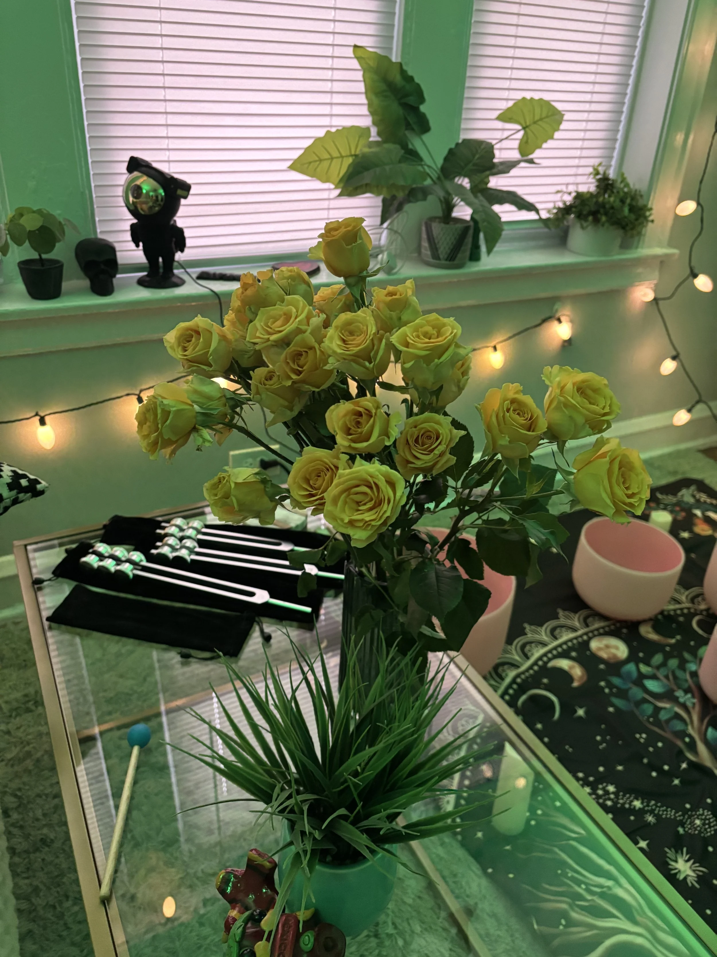 A glass table with a potted yellow rose plant and a potted grass plant, a ball and sticks game, and various decorative items on the window sill. There are string lights and other plants.