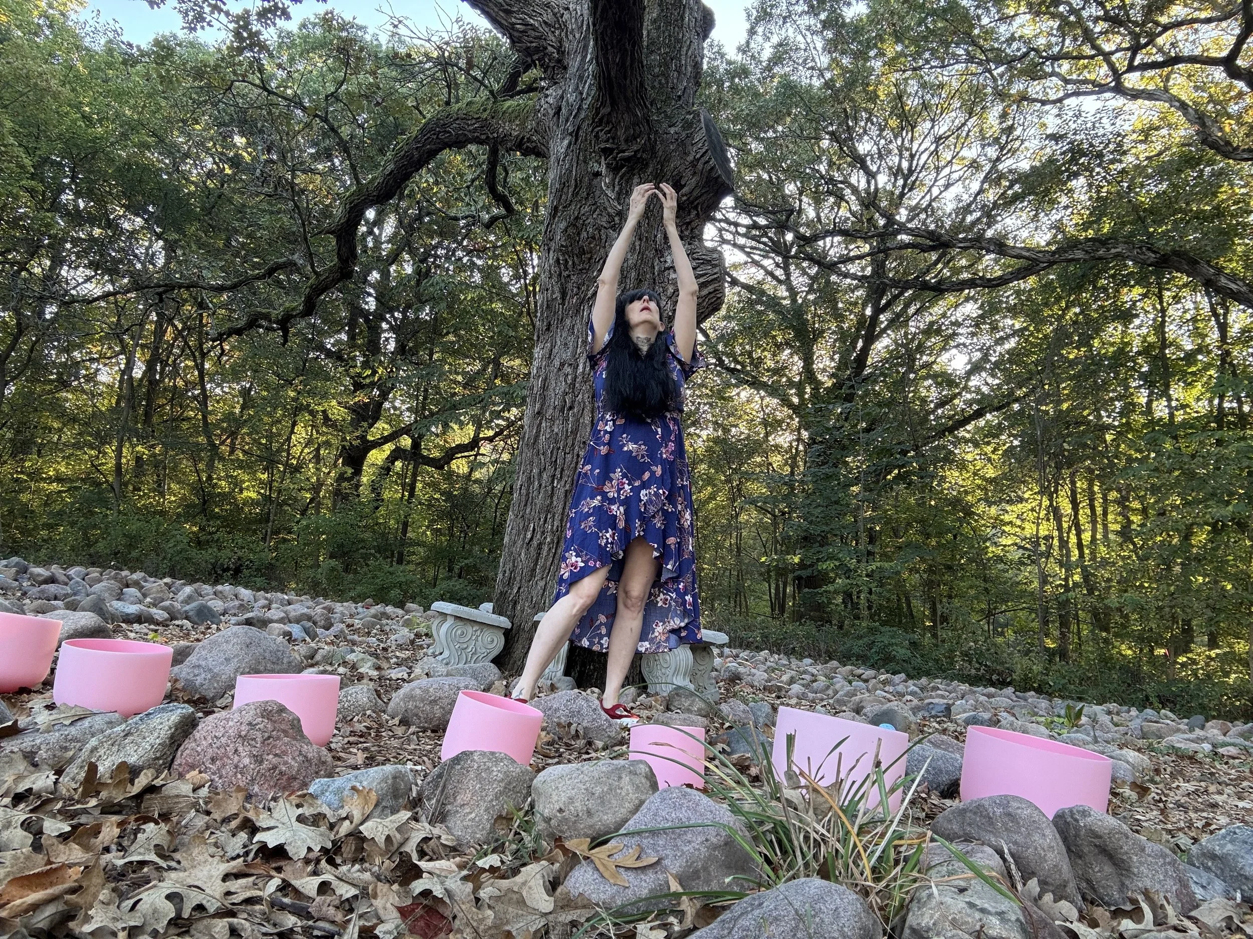 A woman with long black hair, wearing a blue floral dress and red shoes, standing among rocks and pink singing bowls near a large tree in a wooded area, with sunlight filtering through the leaves.