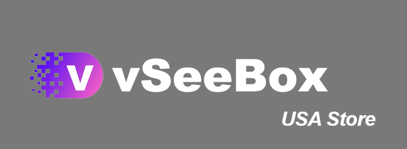 Logo for vSeeBox USA Store featuring a purple and white design with digital pixel elements.