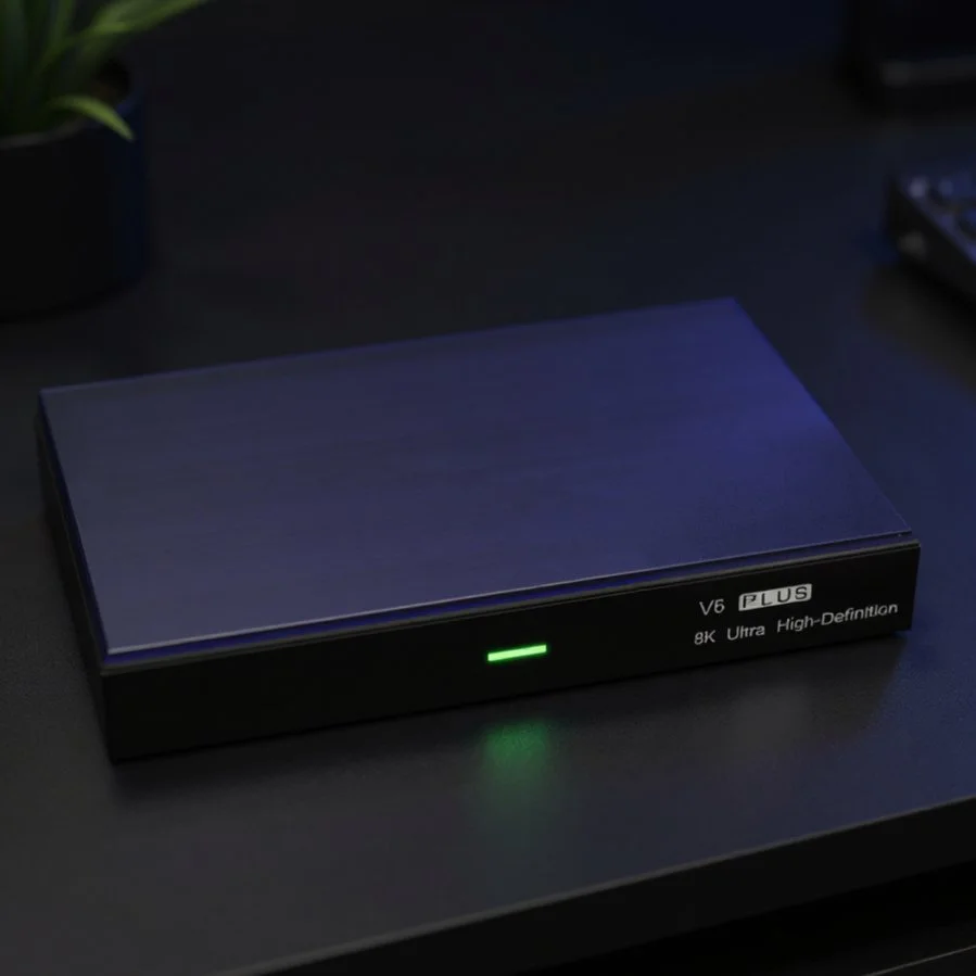 A black device with a green indicator light on the front, labeled 'V6 PLUS 8K Ultra High-Definition,' placed on a dark surface.