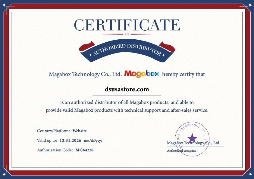 Magabox authorized distributor certificate for dsusastore.com, authorization code MG64228, valid through December 31, 2026.