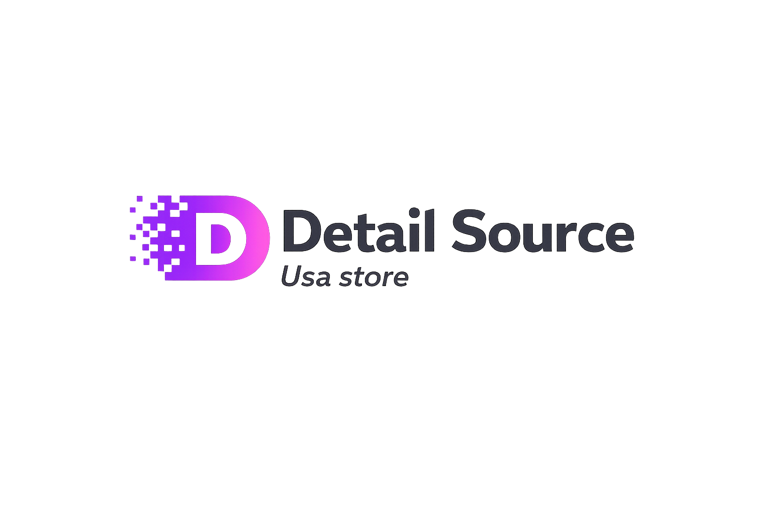 Neon sign displaying the text 'Detail Source' with a purple lit 'D' logo, and the words ' Usa store' on a gray background.