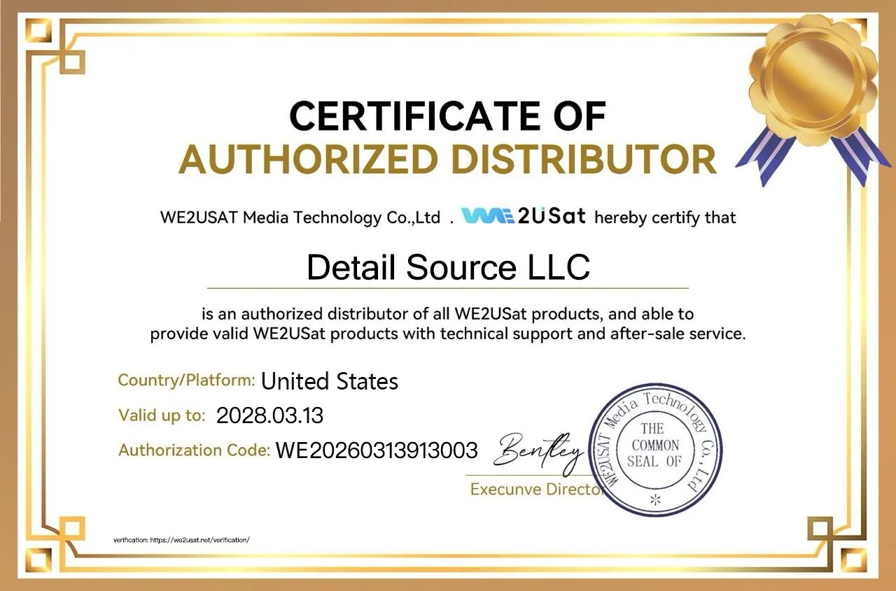 Certificate of Authorized Distributor issued to Detail Source LLC by WE2USAT Media Technology Co., Ltd. with a gold seal and signature, valid until March 13, 2028, for the country/platform United States.