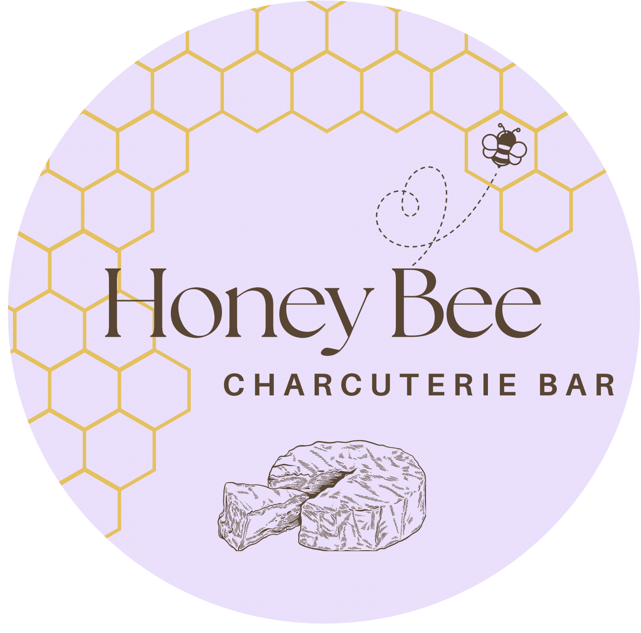 A logo for Honey Bee Charcuterie Bar with a honey bee illustration, honeycomb pattern, and a drawing of a piece of cheese.