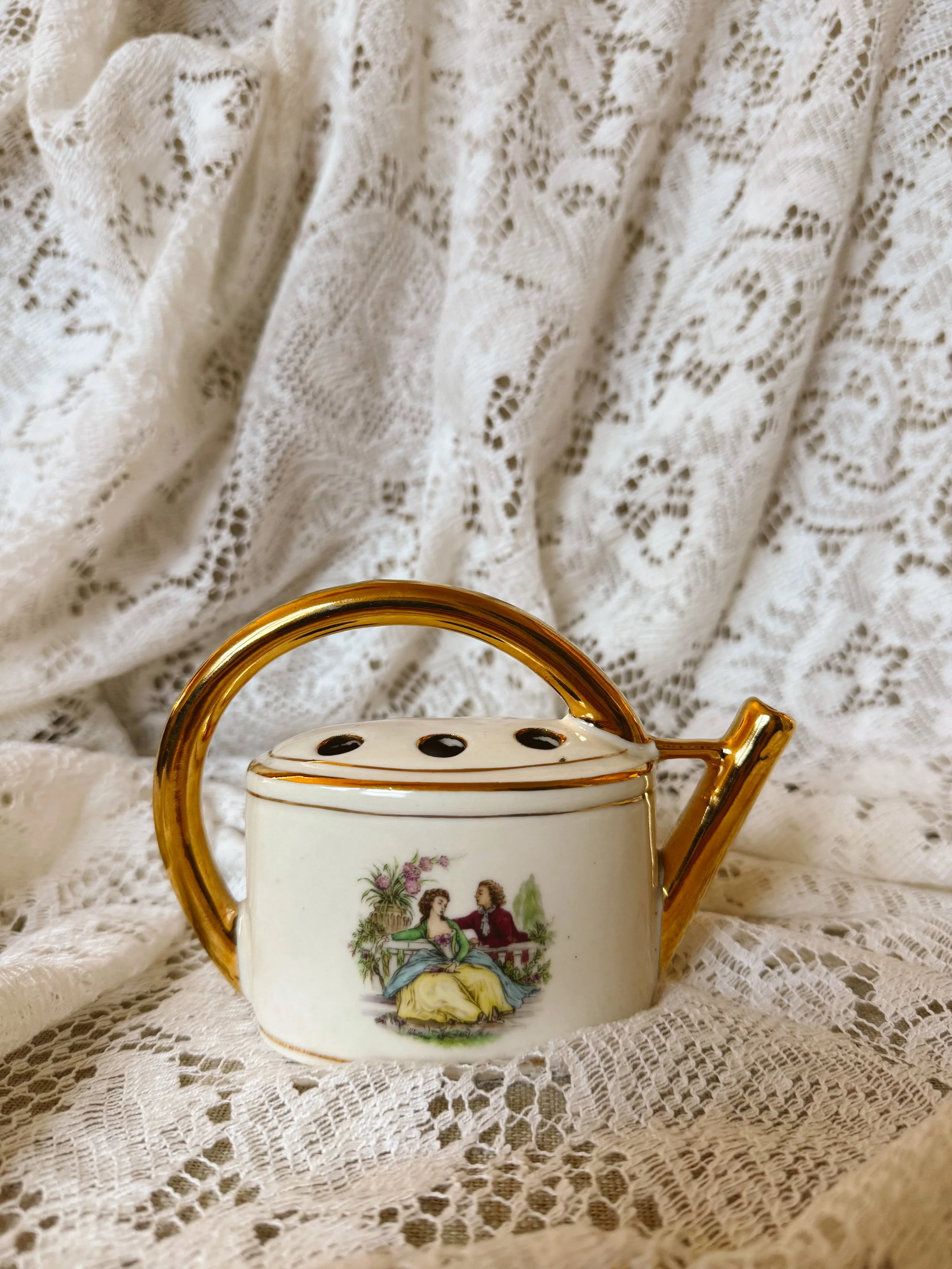 Limoges Porcelain Watering Can Flower Frog – Fragonard Scene