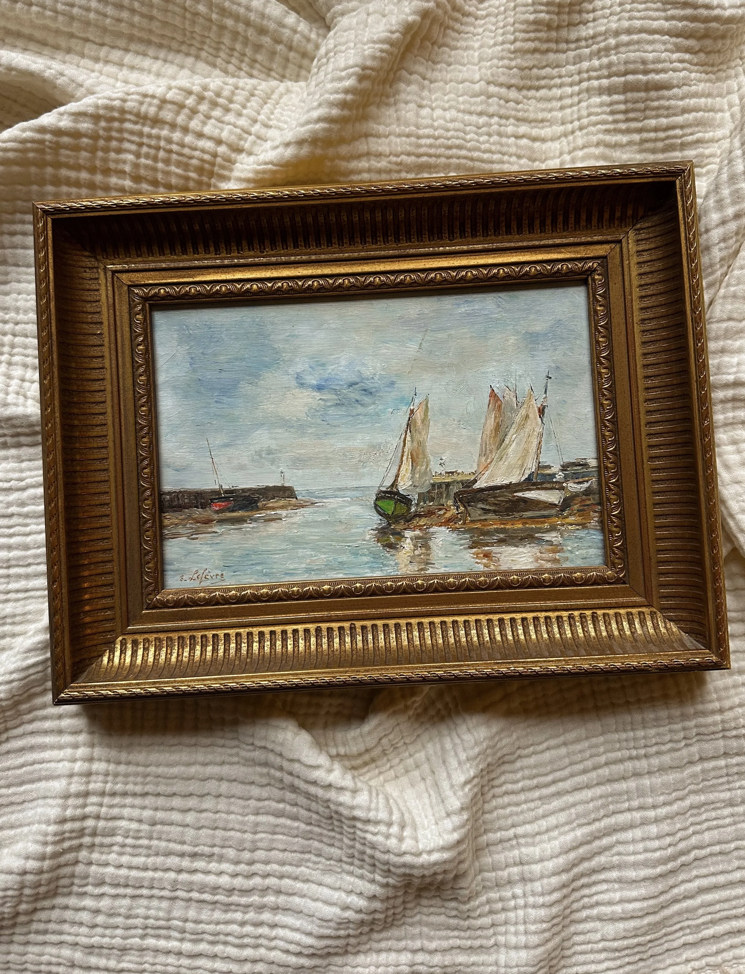 Coastal Harbor with Sailboats (Framed Oil Painting)
