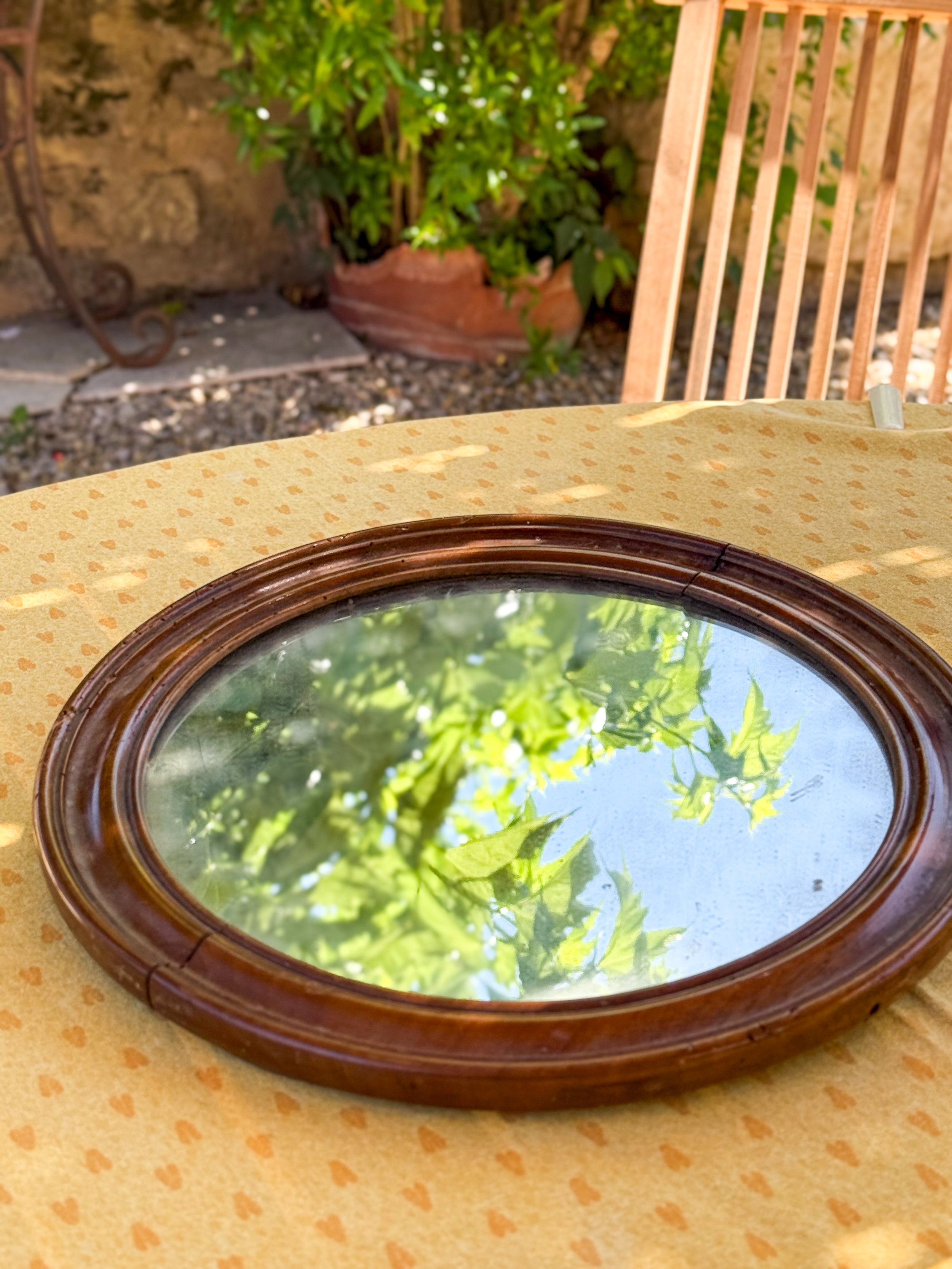 19th-Century Antique French Round Solid Wood Mirror (13")