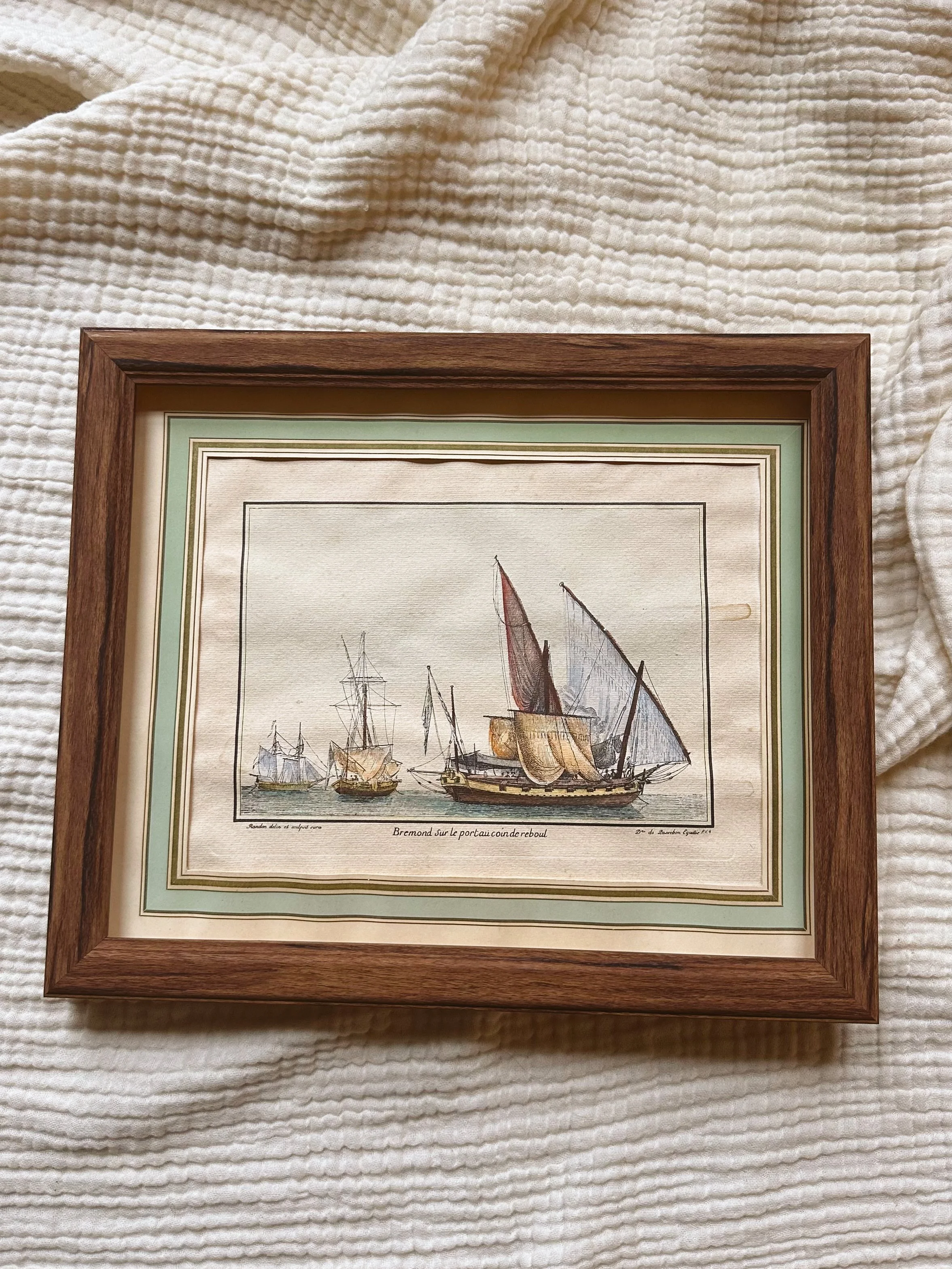Hand-Colored French Maritime Engraving of Sailing Vessels in Harbor — “Bremond sur le port au coin de Reboul”