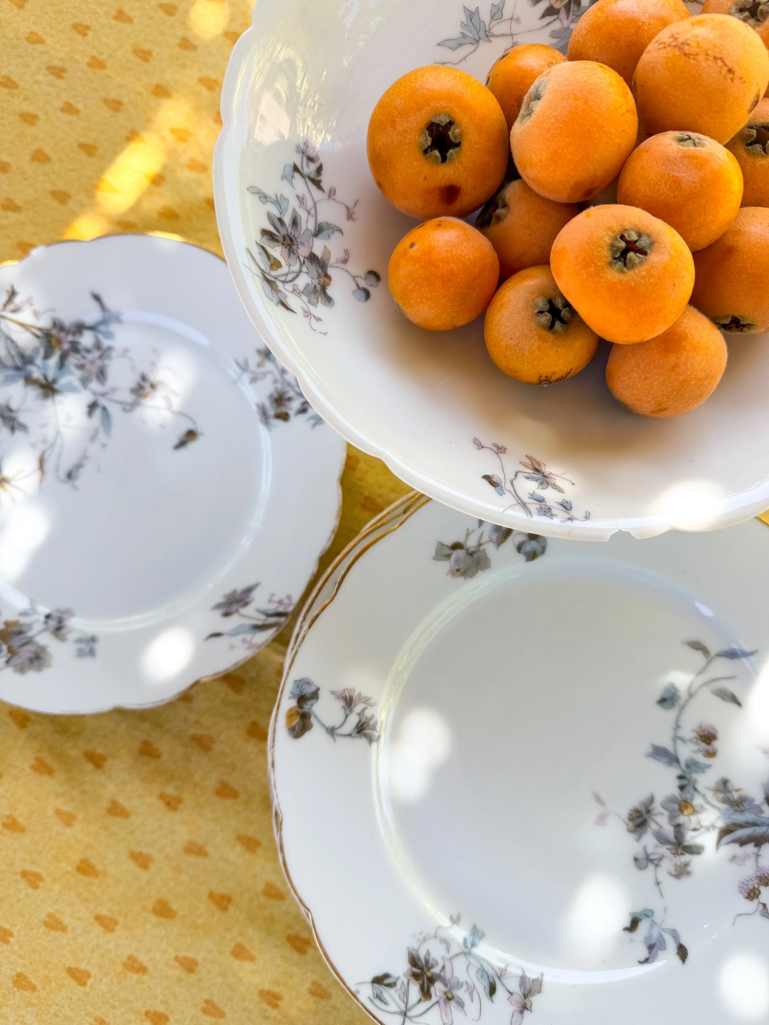 Antique French Limoges Porcelain Dessert Service – 7 Floral Plates & Pedestal