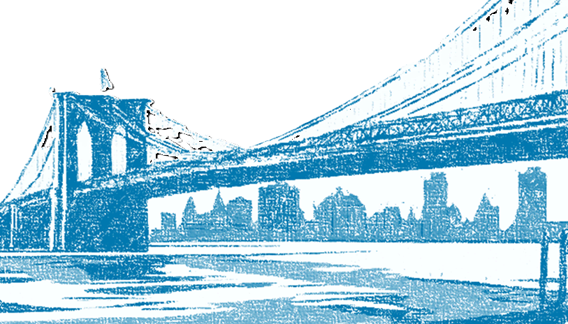 Sketch of a city skyline with a large suspension bridge in the foreground.