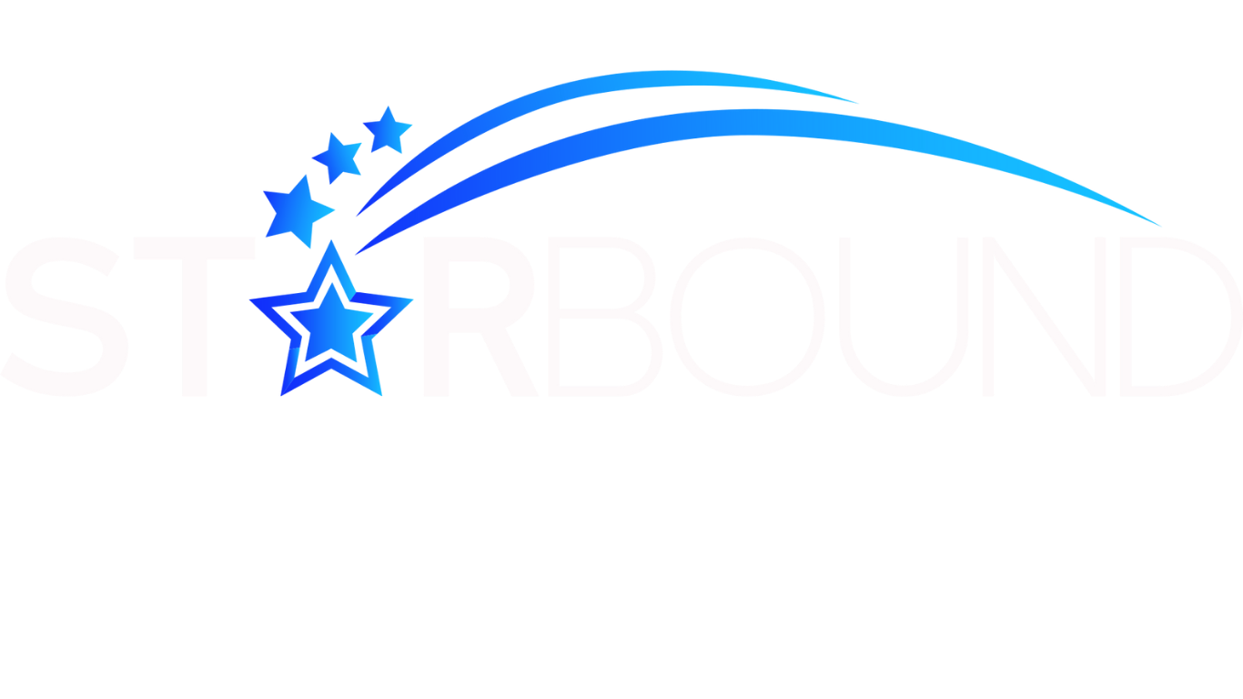 Logo for Starbound Entertainers Festival featuring a shooting star and three smaller stars with a blue gradient trail, and the word “STARBOUND” in white capital letters.