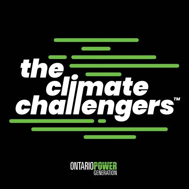 Logo for the Climate Challengers with green lines and bold white text on a black background, and the words 'Ontario Power Generation' at the bottom.