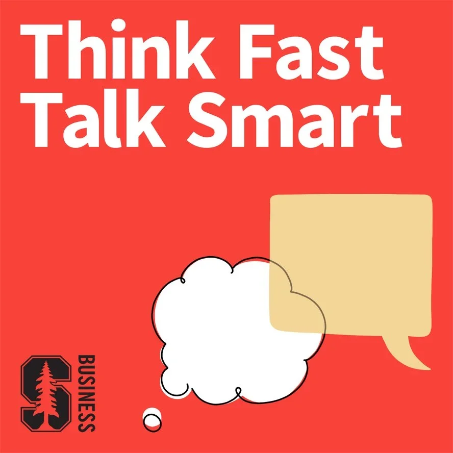 Book cover titled 'Think Fast Talk Smart' with a red background, white bold text, a thought bubble and a speech bubble, and the Stanford Business logo in the lower left corner.