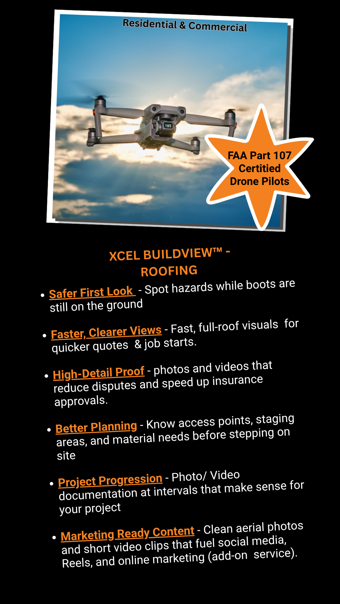 A flyer featuring a drone flying in the sky with clouds, advertising certificate drone pilots and roofing services, including safety tips, visuals, proof, planning, documentation, marketing content, and project management.