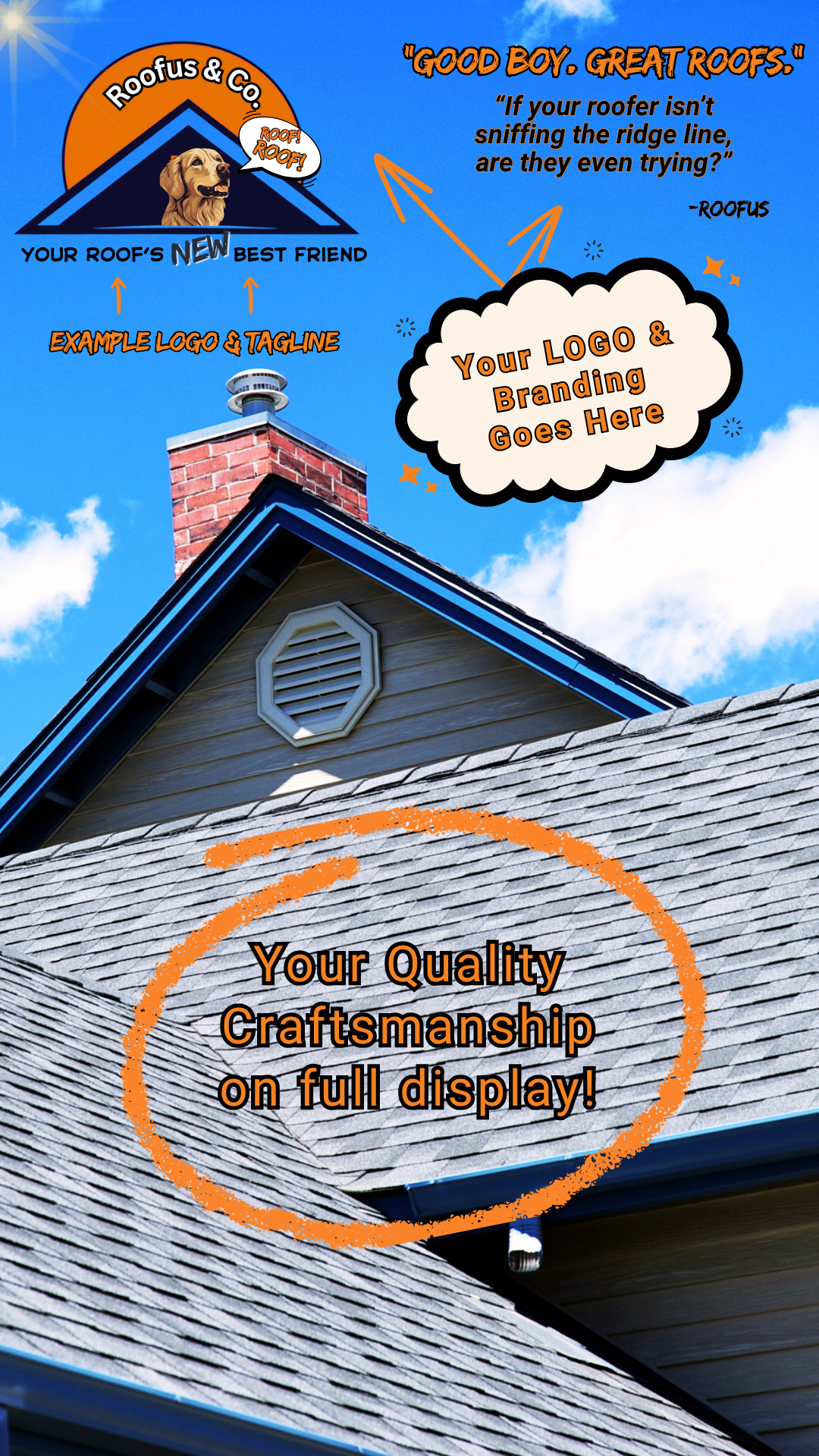 A house with a gray shingled roof under a blue sky with clouds, a red brick chimney, and a white vent on the gable end. Text overlay promotes roofing craftsmanship and a logo design template.