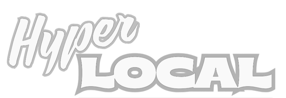 Text that reads 'HYPER LOCAL' in stylized letter font.