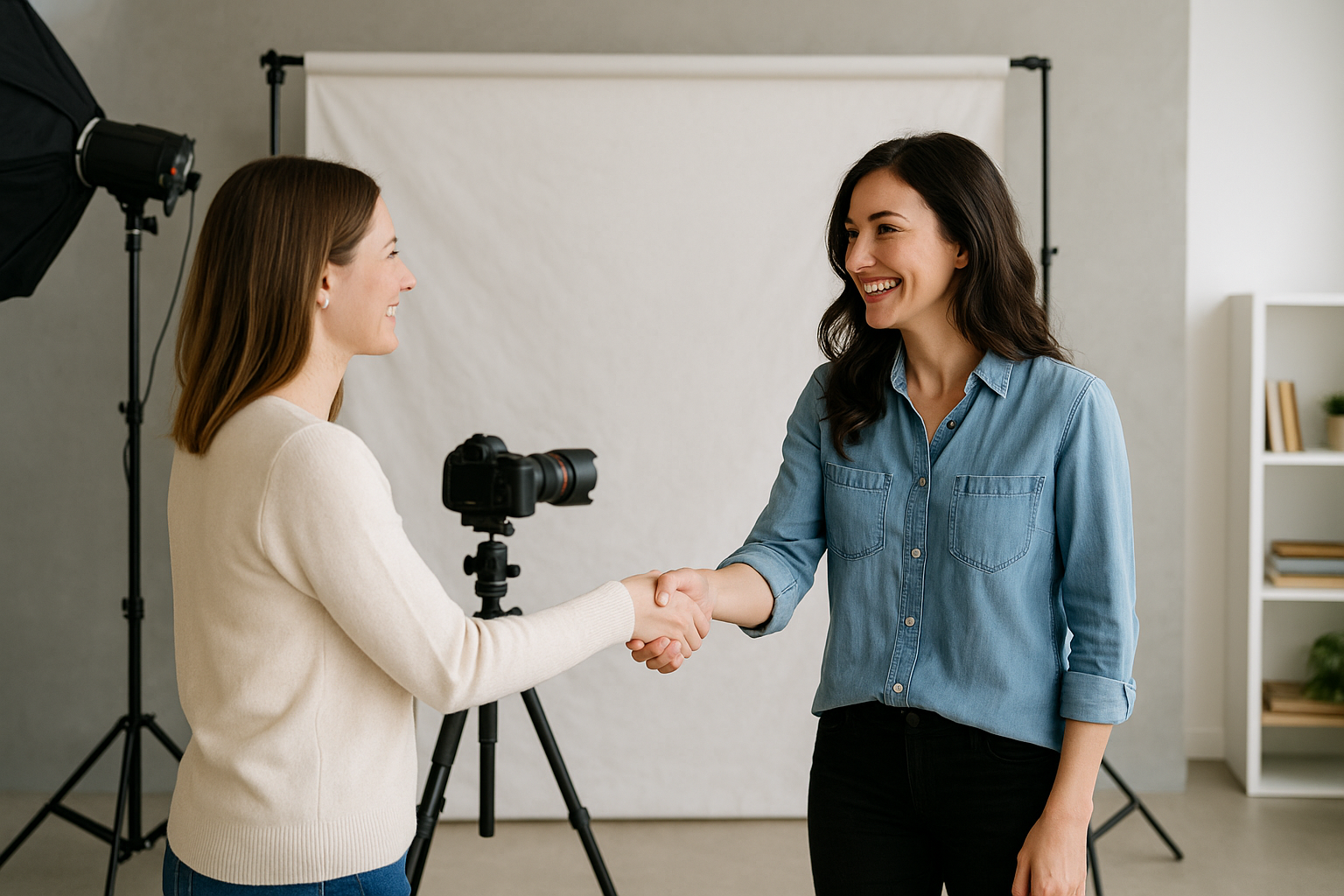 Two women shake hands in a photography studio with a white backdrop and lighting equipment.