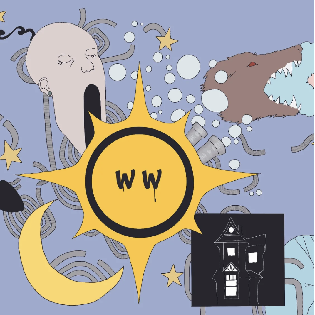 An abstract illustration featuring a yawning female face, a wolf with an open mouth, a bright yellow sun with the initials 'WW' in the center, a crescent moon, a haunted house, and various stars and bubbles on a blue background.