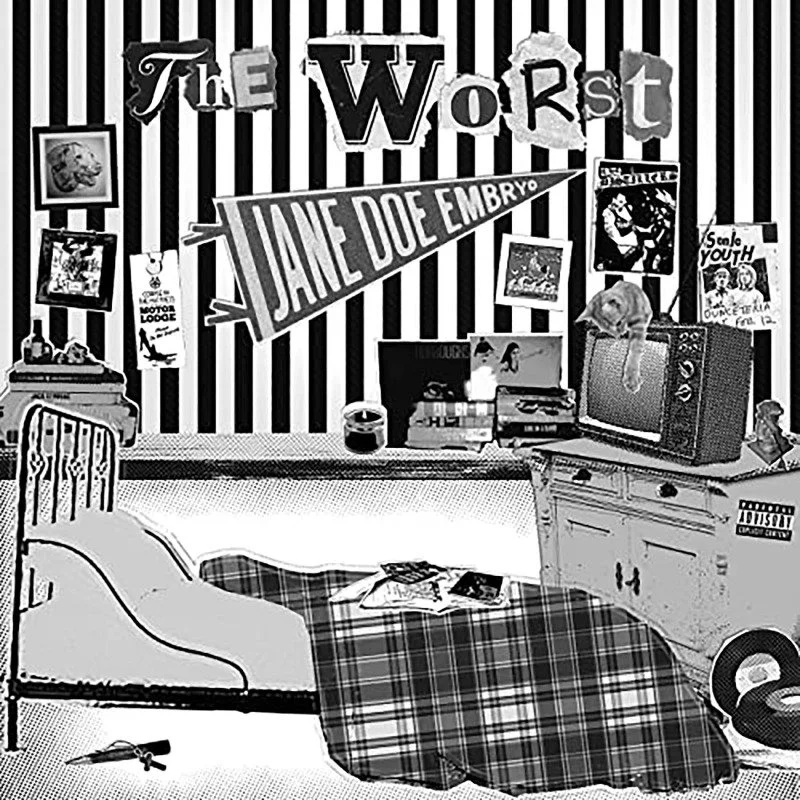 A bedroom with striped wallpaper, a bed with a plaid blanket, a dresser with vintage TV, and wall decorations including posters and a sign that reads 'The Worst Jane Doe Embry.'