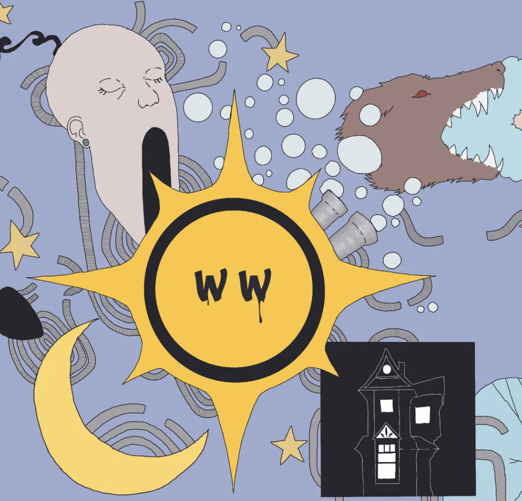 An artistic illustration depicting a human face with closed eyes, a large open mouth yawning, a yellow sun with 'ww' inside, a crescent moon, stars, bubbles, a howling wolf's head, gray tubes, and a black haunted house with white windows, set against a blue background.